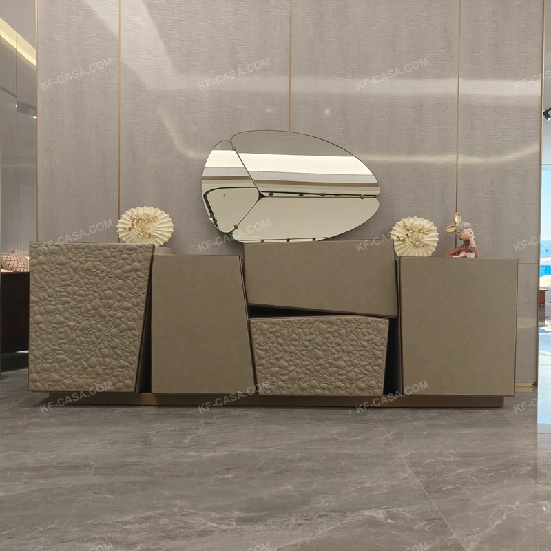 Asymmetrical Beige Sideboard with Embossed Textured Panels, Angled Drawer Fronts and Satin Bronze Frame